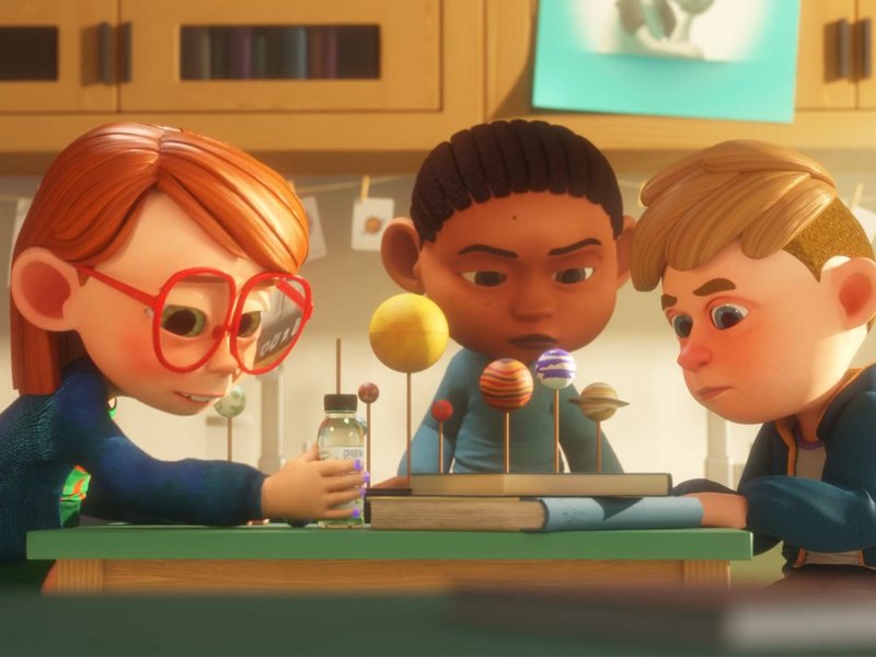 Creative Roots /Assembly Productions publicidad de bebida a base frutas, Creative Roots, donde se ven 3 niños agotados,sin energía, sentados frente a su proyecto de ciencias.